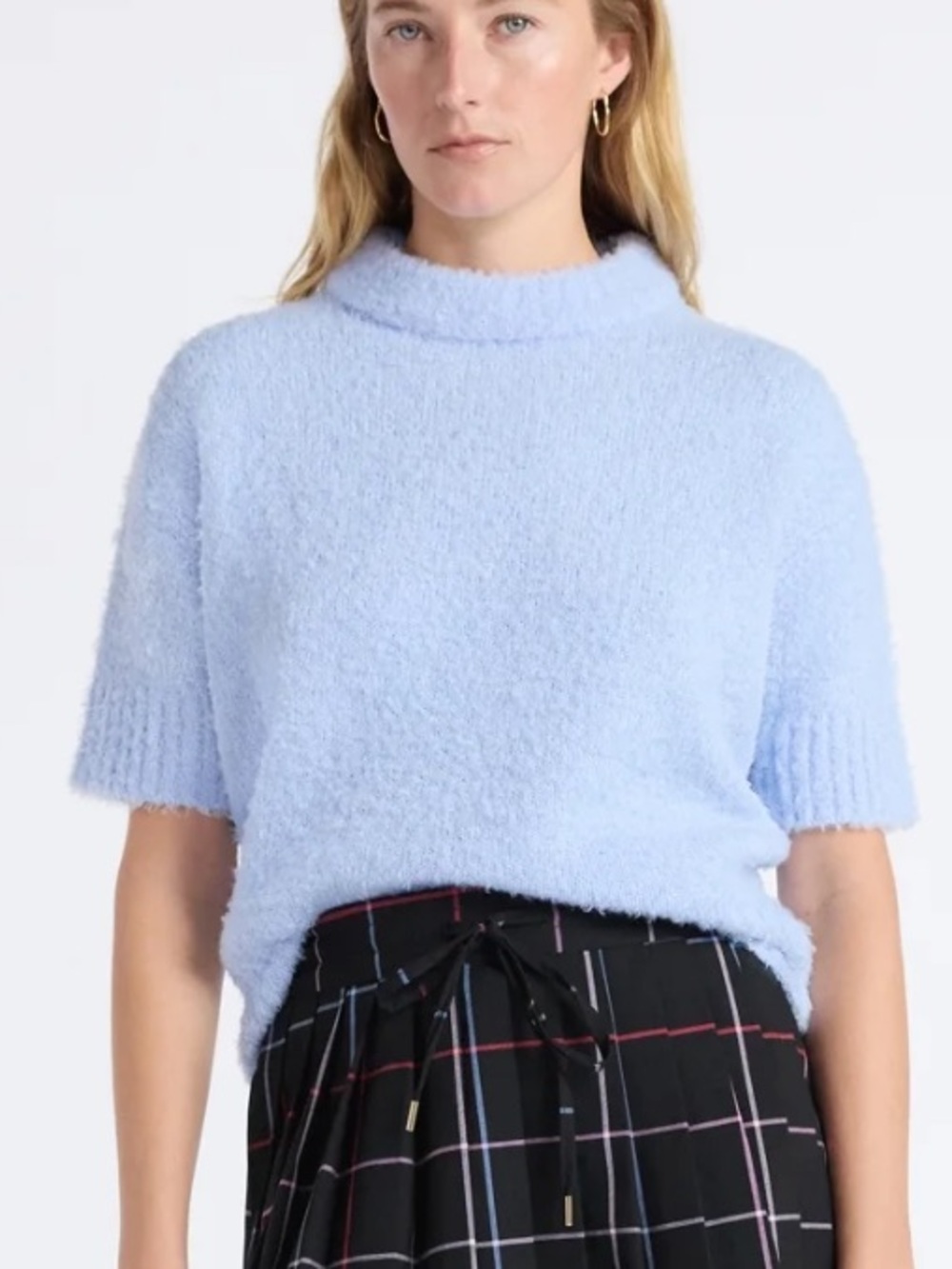 Free Assembly Women's Light Blue Mock Neck Wedge Sweater with Short Sleeves